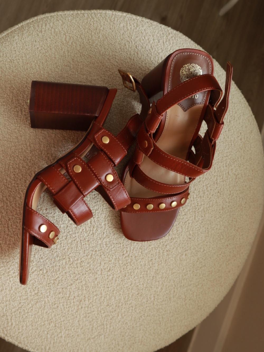 Vince Camuto Cildia Whiskey Color Leather Block Heel Sandals Size 6